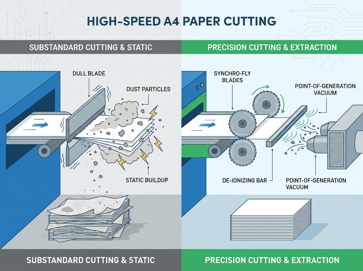 High speed paper cutter generating clean edges